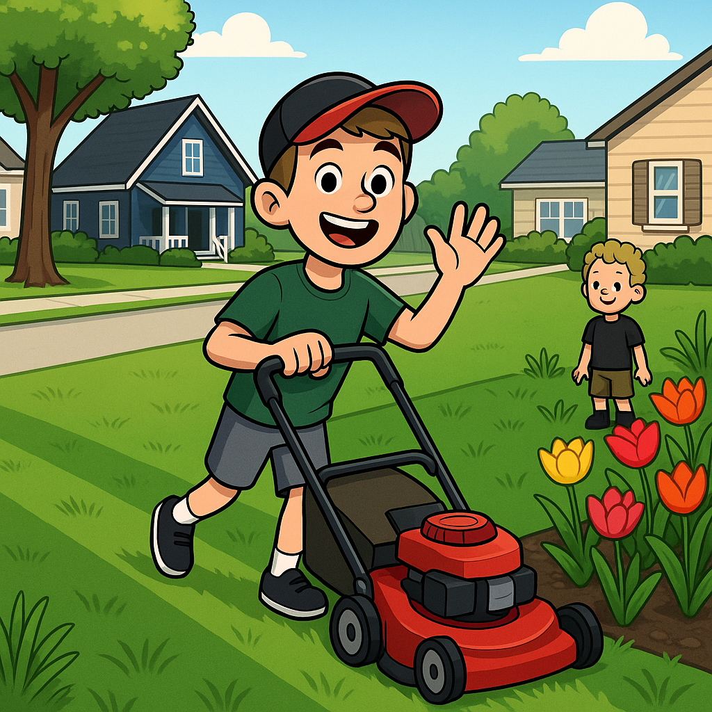 Grant mowing a lawn